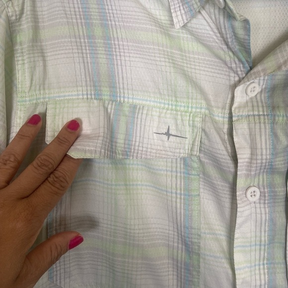 Habit Men’s Fishing Shirt Size Large Vented Short Sleeve Plaid Gray and Green - Picture 4 of 11